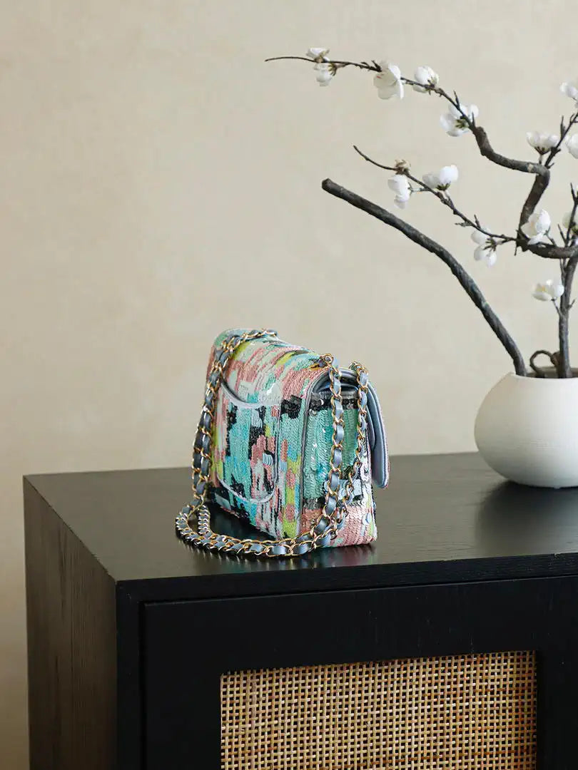 Chanel 25S A01112  Evening Bag Lambskin Blue & Pink sequins