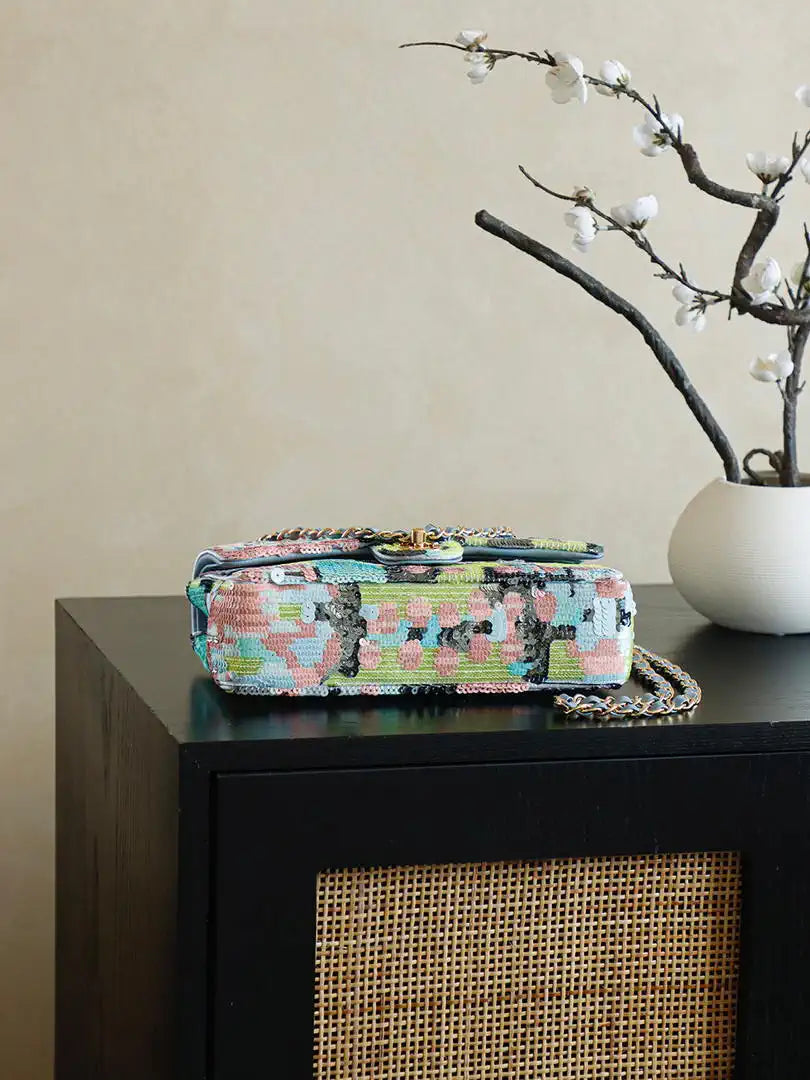 Chanel 25S A01112  Evening Bag Lambskin Blue & Pink sequins