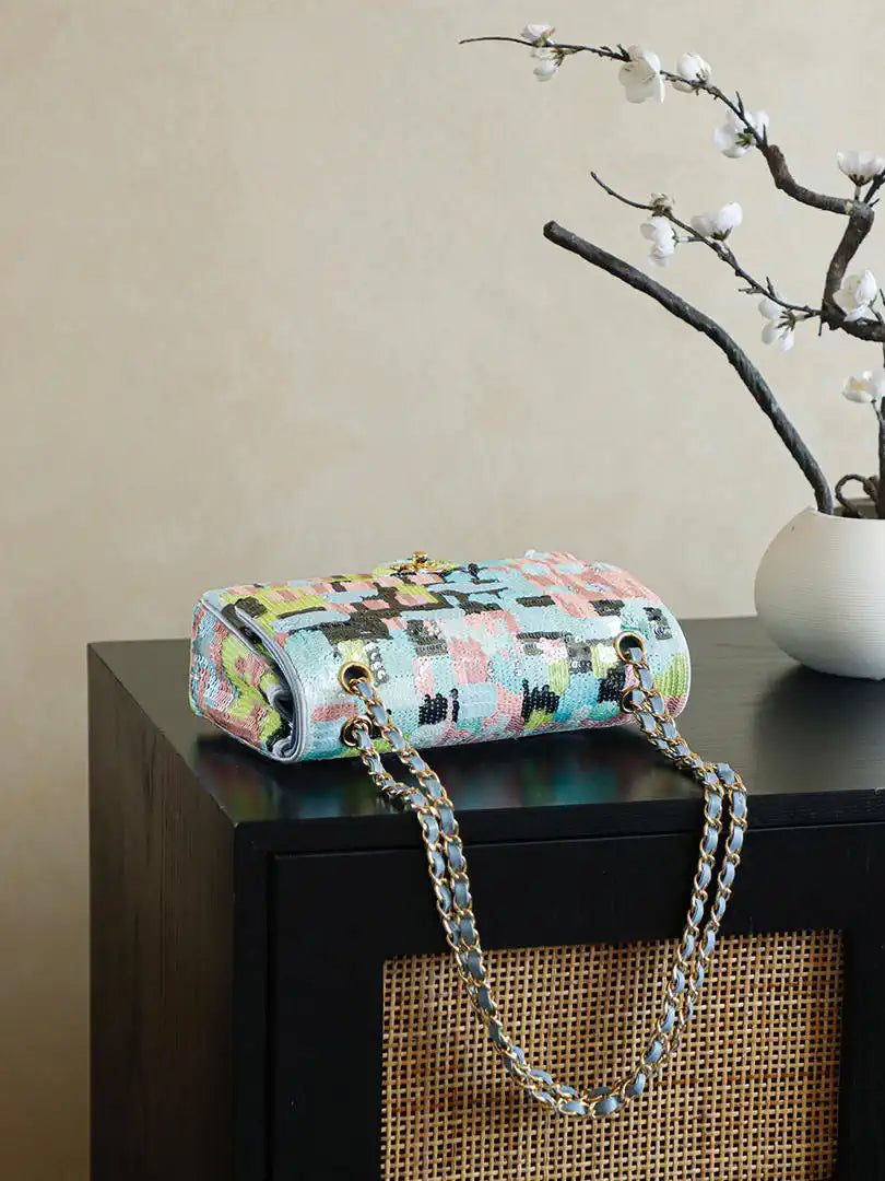 Chanel 25S A01112  Evening Bag Lambskin Blue & Pink sequins