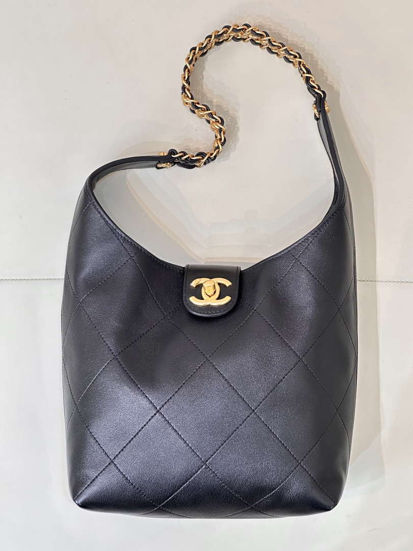 Chanel 25SS AS5403 Hobo Handbag Shiny Lambskin & Gold-Tone Metal Black - Default Title - View 1