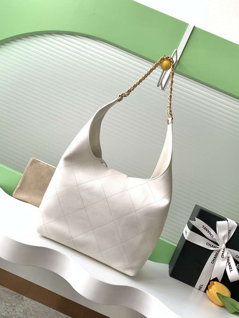 Chanel 25P AS5425 Large Hobo Handbag Shiny Lambskin & Gold-Tone Metal White - Default Title - View 3