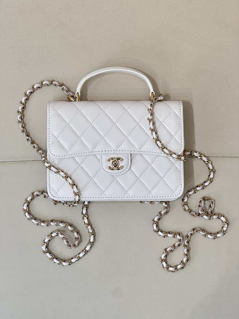 Chanel 25SS Flap Bag Lambskin With Top Handle AS4450 White