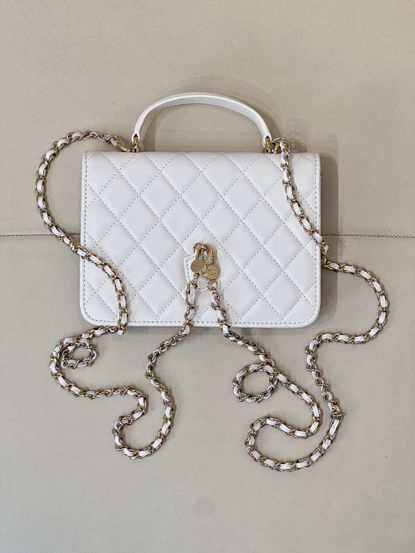 Chanel 25SS Flap Bag Lambskin With Top Handle AS4450 White