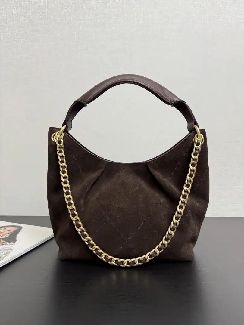 Chanel 26C A99103 Hobo Suede Calfskin & Gold-Tone Metal Brown
