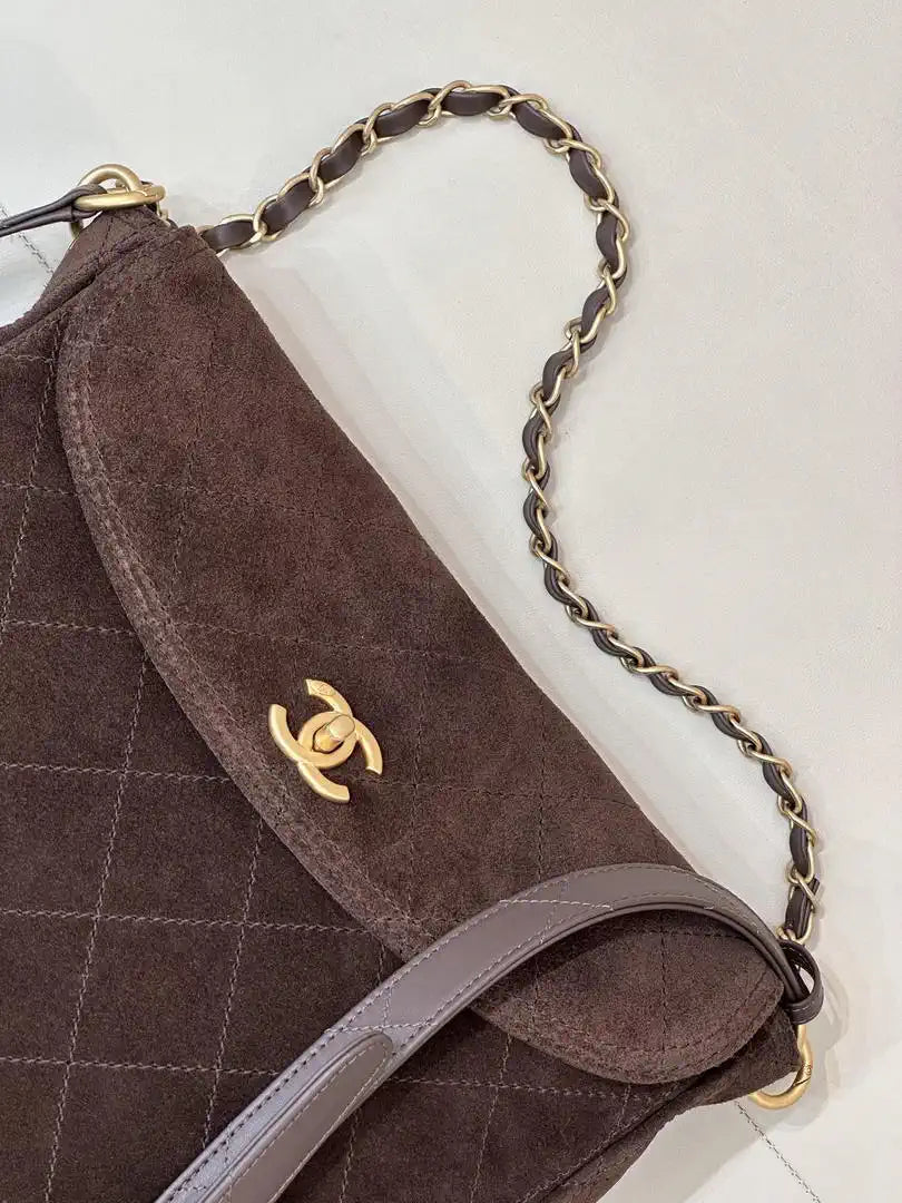 Chanel 26C AS5883 Hobo bag Brown suede calfskin Gold-Tone Metal