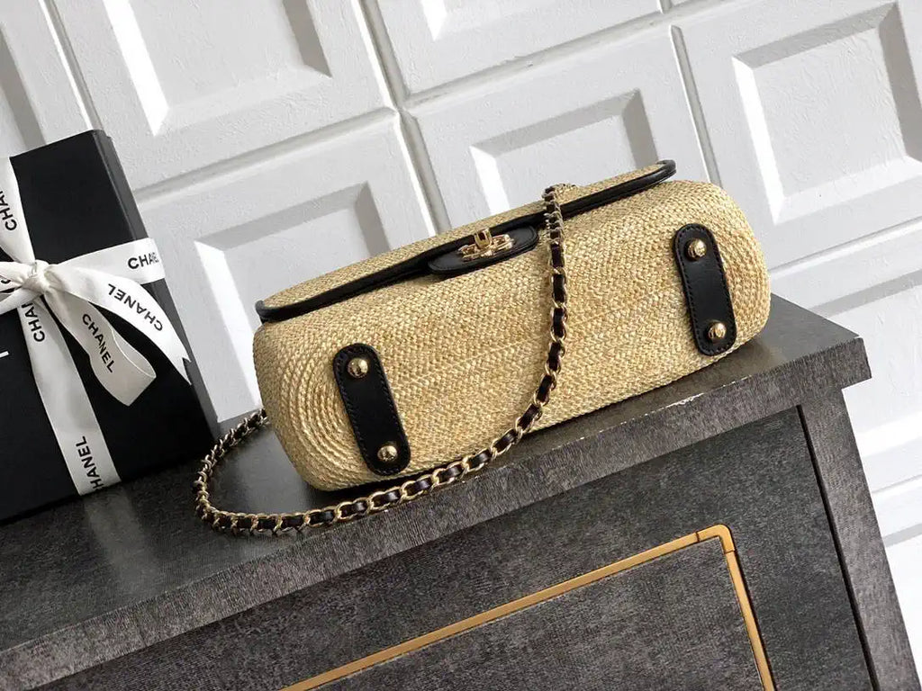 Chanel 26C AS5929 Flap Handwoven Raffia Shopping Bag 26cm Black