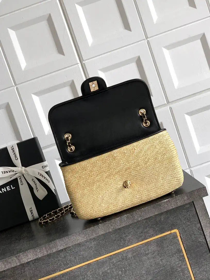 Chanel 26C AS5929 Flap Handwoven Raffia Shopping Bag 26cm Black