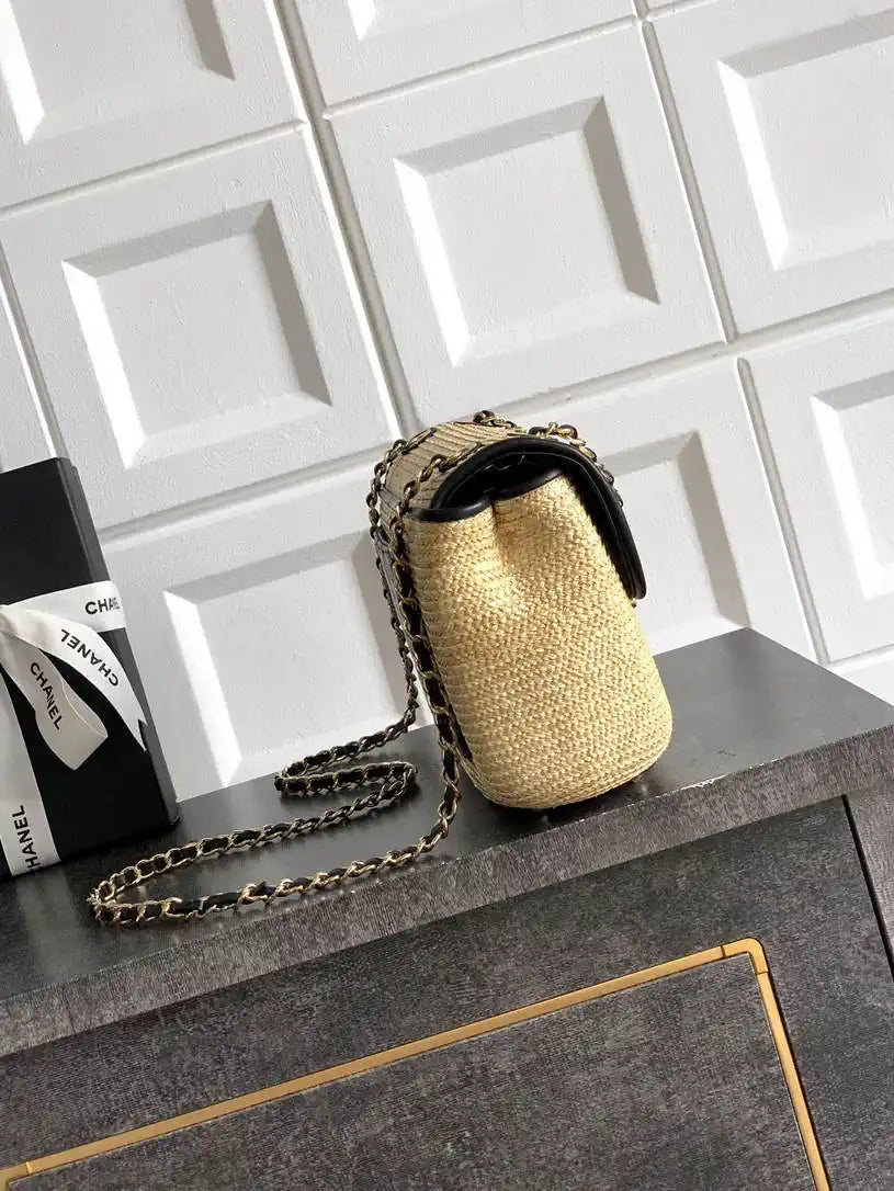 Chanel 26C AS5929 Flap Handwoven Raffia Shopping Bag 26cm Black