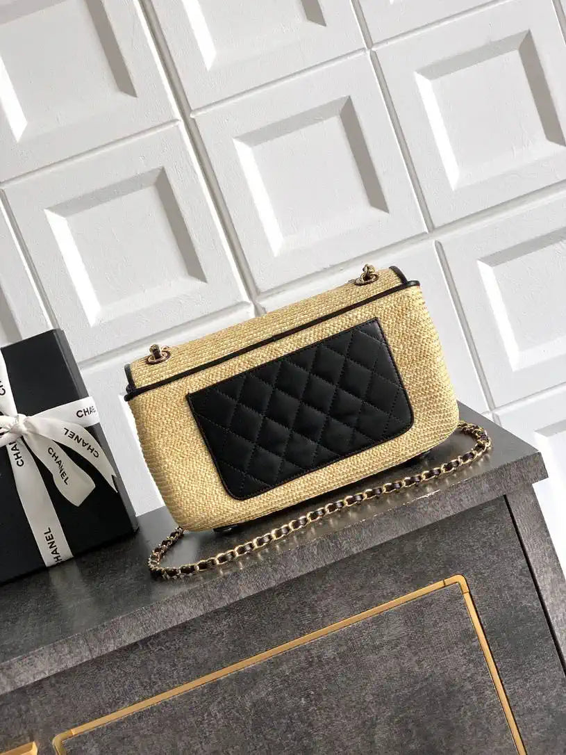 Chanel 26C AS5929 Flap Handwoven Raffia Shopping Bag 26cm Black