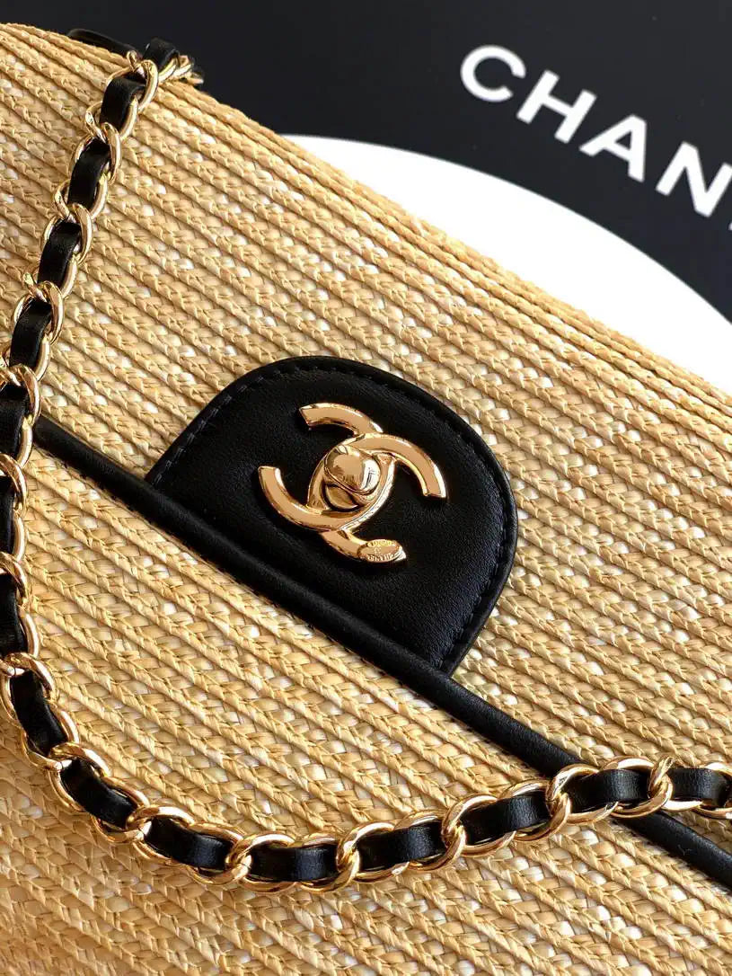 Chanel 26C AS5929 Flap Handwoven Raffia Shopping Bag 26cm Black