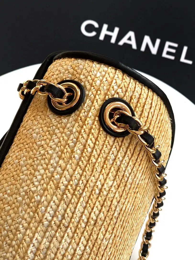Chanel 26C AS5929 Flap Handwoven Raffia Shopping Bag 26cm Black