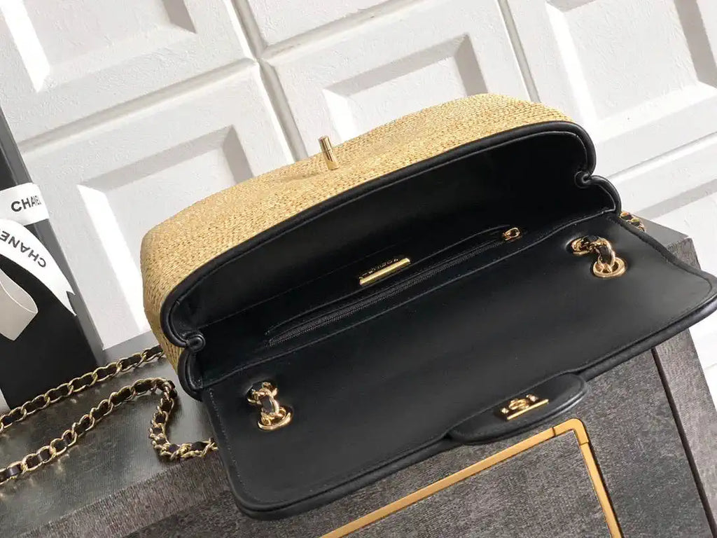 Chanel 26C AS5929 Flap Handwoven Raffia Shopping Bag 26cm Black