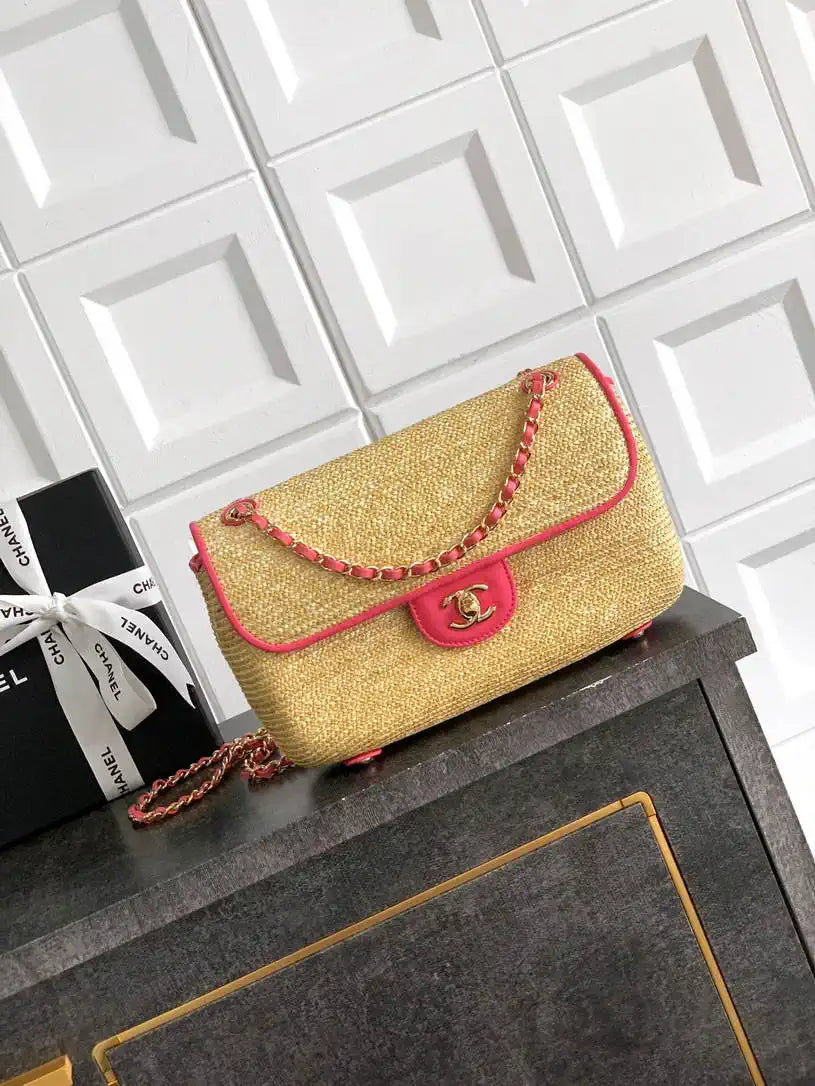 Chanel 26C AS5929 Flap Handwoven Raffia Shopping Bag 26cm Red