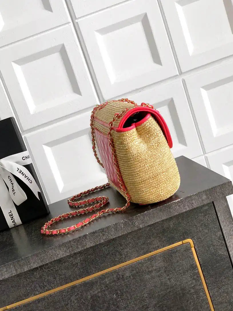 Chanel 26C AS5929 Flap Handwoven Raffia Shopping Bag 26cm Red