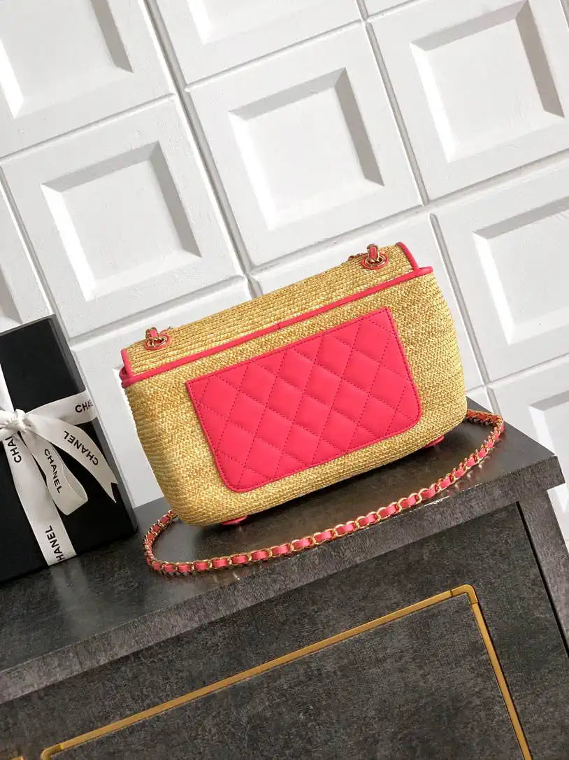 Chanel 26C AS5929 Flap Handwoven Raffia Shopping Bag 26cm Red