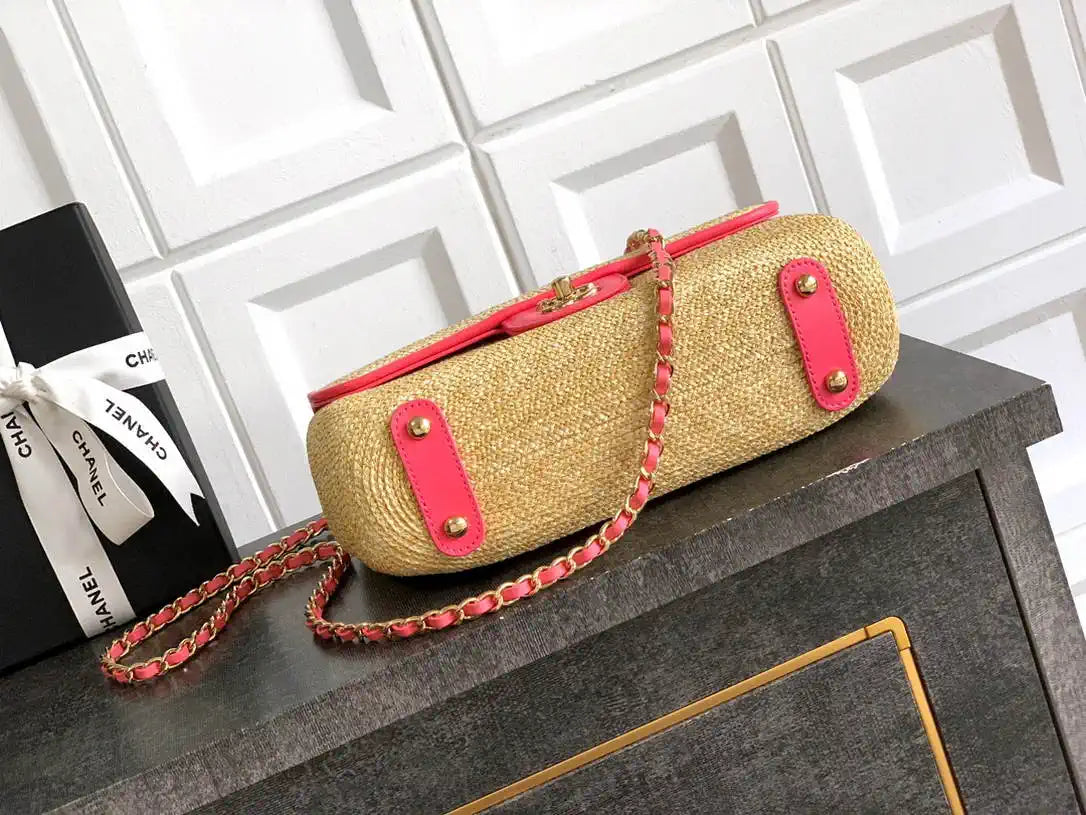 Chanel 26C AS5929 Flap Handwoven Raffia Shopping Bag 26cm Red