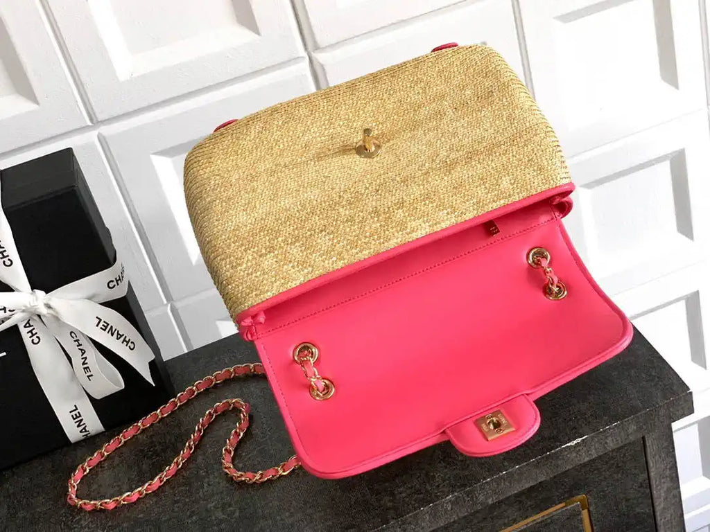 Chanel 26C AS5929 Flap Handwoven Raffia Shopping Bag 26cm Red