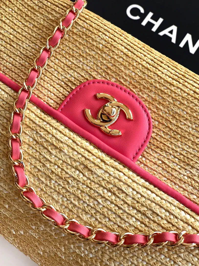 Chanel 26C AS5929 Flap Handwoven Raffia Shopping Bag 26cm Red
