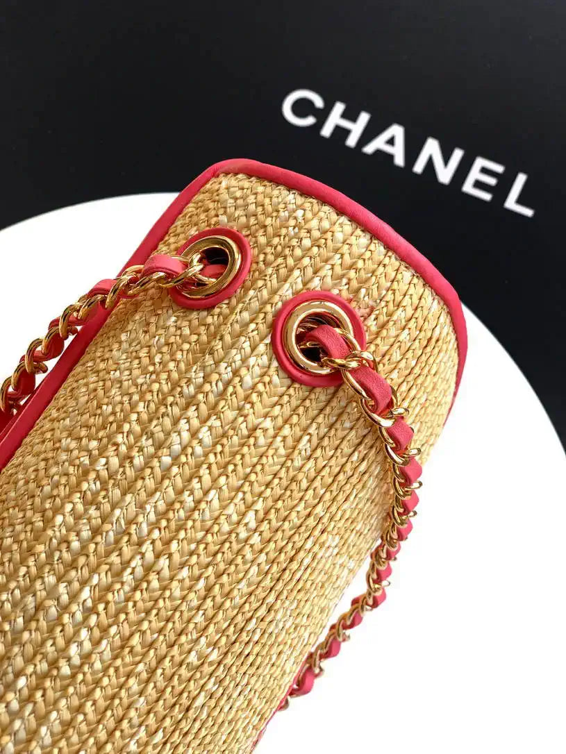 Chanel 26C AS5929 Flap Handwoven Raffia Shopping Bag 26cm Red
