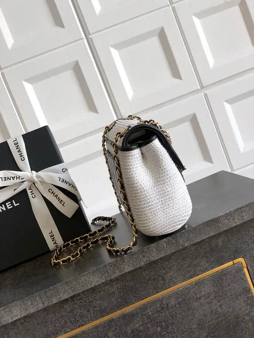 Chanel 26C AS5929 Flap Handwoven Raffia Shopping Bag 26cm White