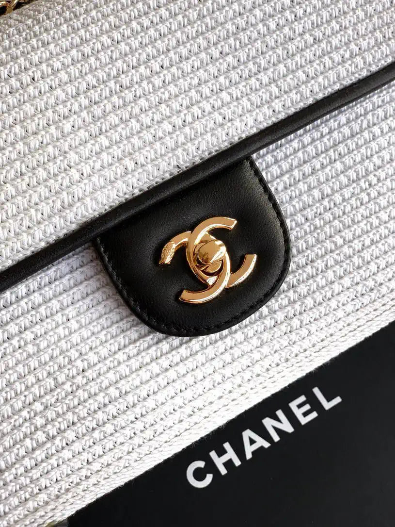 Chanel 26C AS5929 Flap Handwoven Raffia Shopping Bag 26cm White