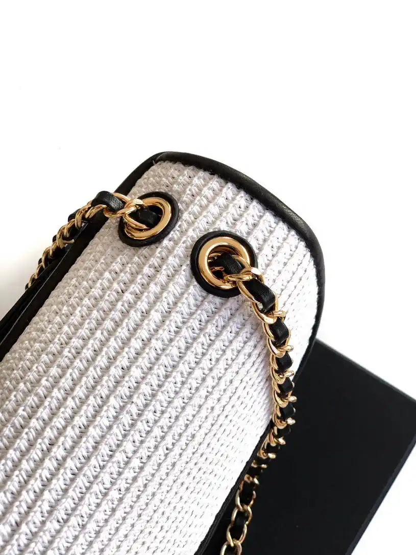 Chanel 26C AS5929 Flap Handwoven Raffia Shopping Bag 26cm White