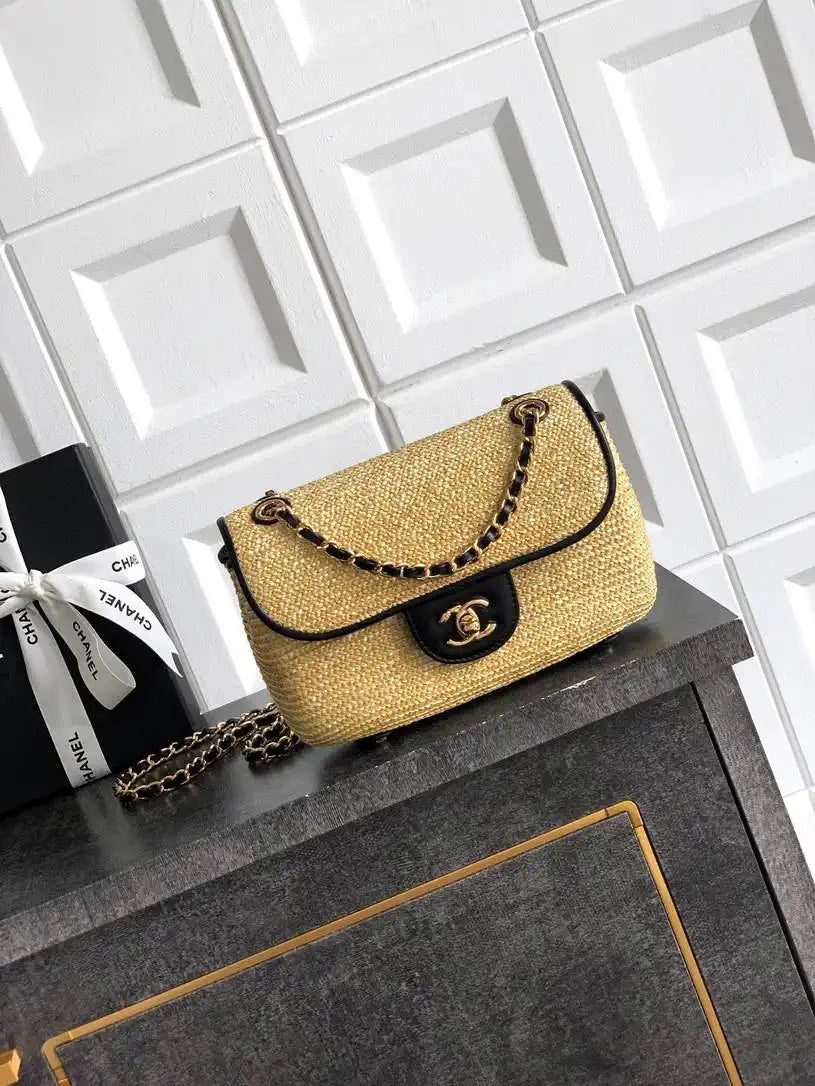 Chanel 26C AS5929 Flap Handwoven Raffia Shopping Bag Black