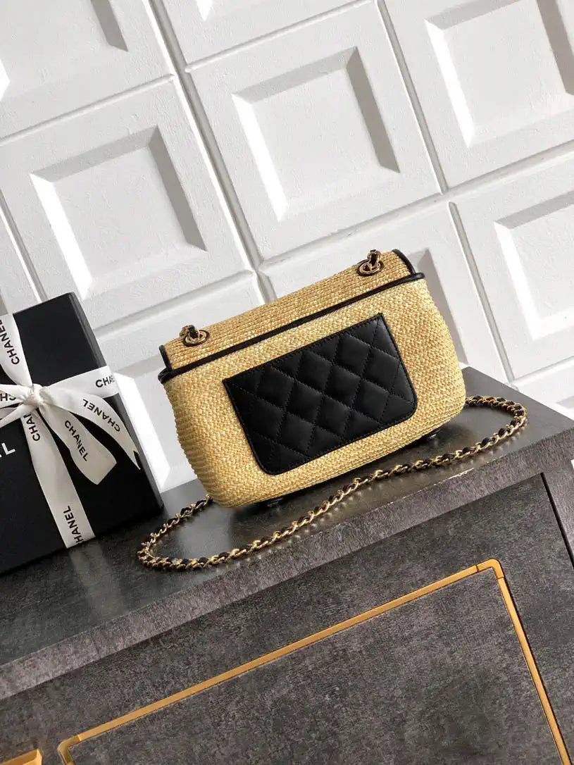 Chanel 26C AS5929 Flap Handwoven Raffia Shopping Bag Black