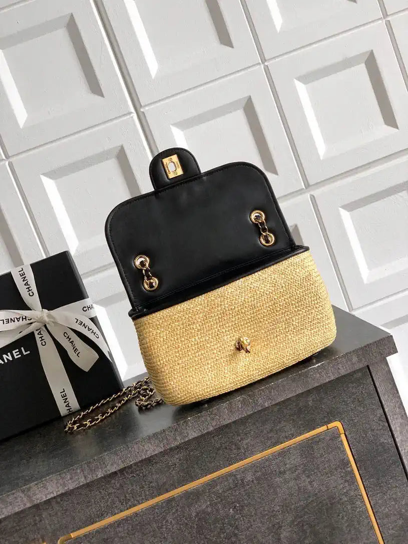 Chanel 26C AS5929 Flap Handwoven Raffia Shopping Bag Black
