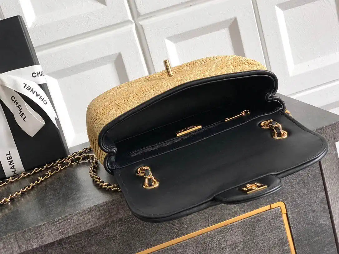 Chanel 26C AS5929 Flap Handwoven Raffia Shopping Bag Black