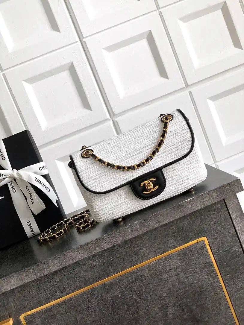 Chanel 26C AS5929 Flap Handwoven Raffia Shopping Bag White