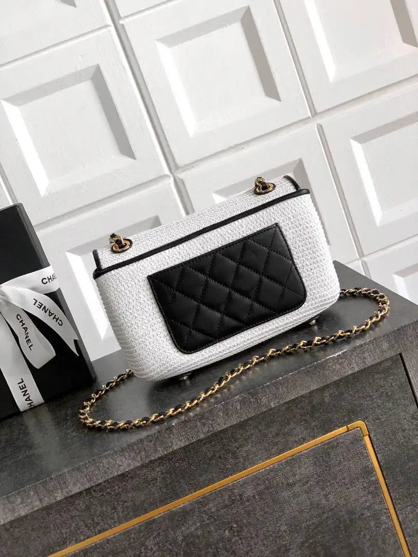 Chanel 26C AS5929 Flap Handwoven Raffia Shopping Bag White
