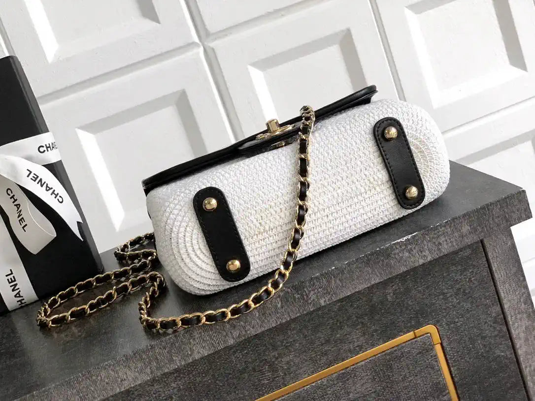 Chanel 26C AS5929 Flap Handwoven Raffia Shopping Bag White