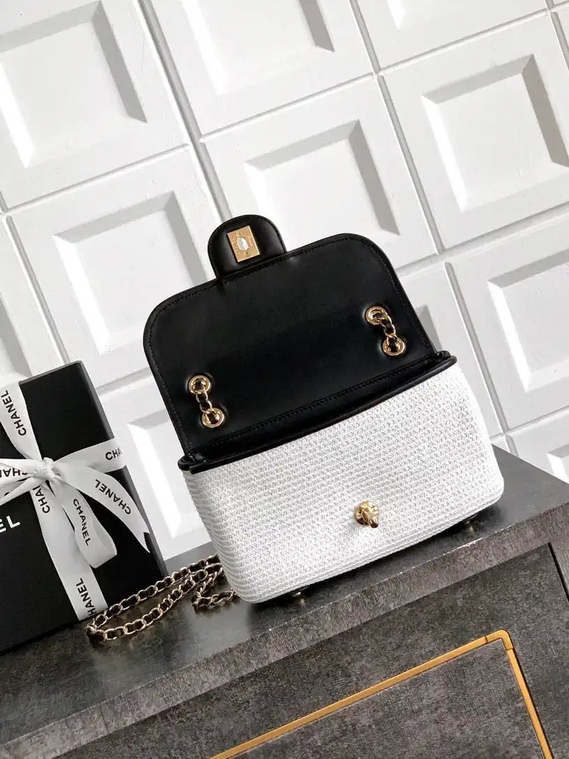 Chanel 26C AS5929 Flap Handwoven Raffia Shopping Bag White