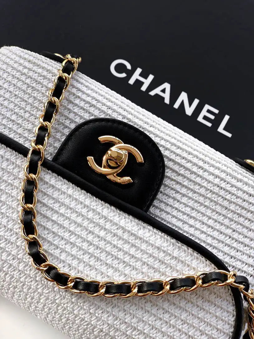 Chanel 26C AS5929 Flap Handwoven Raffia Shopping Bag White