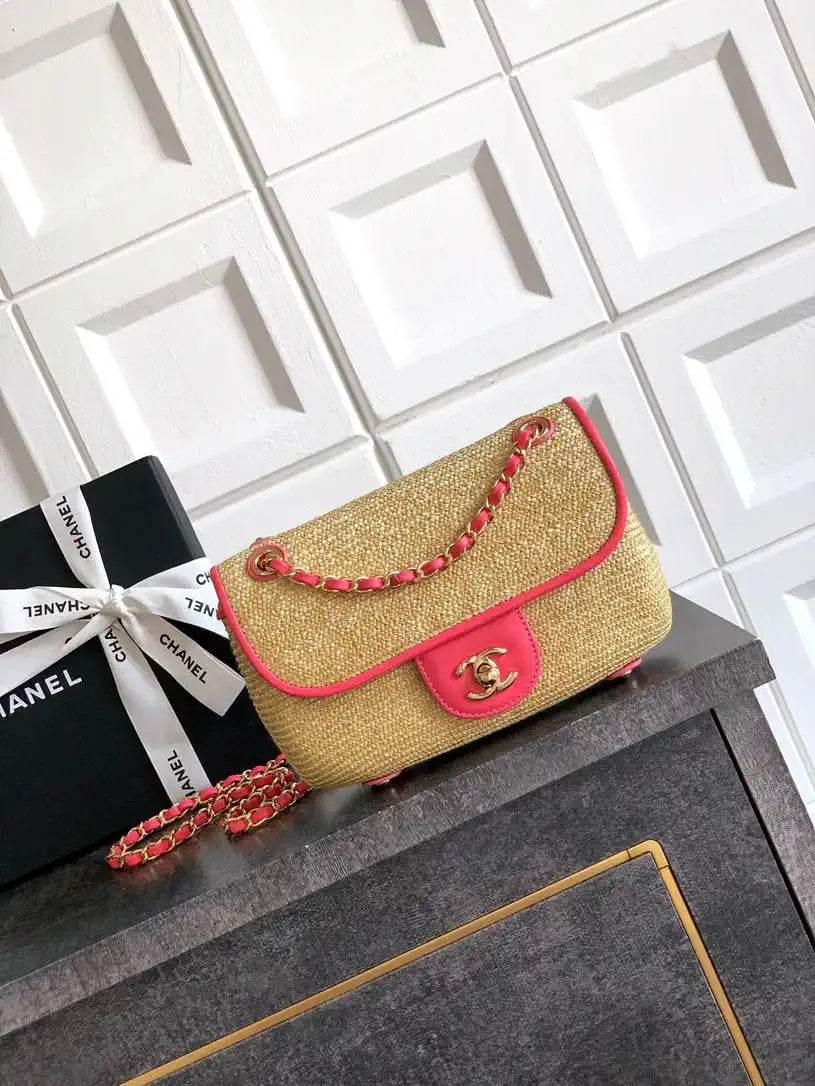 Chanel 26C AS5929 Flap Handwoven Raffia Shopping Bag Red