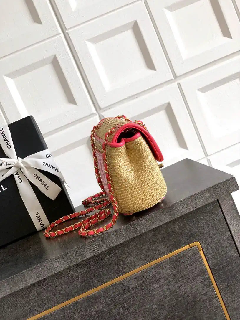 Chanel 26C AS5929 Flap Handwoven Raffia Shopping Bag Red