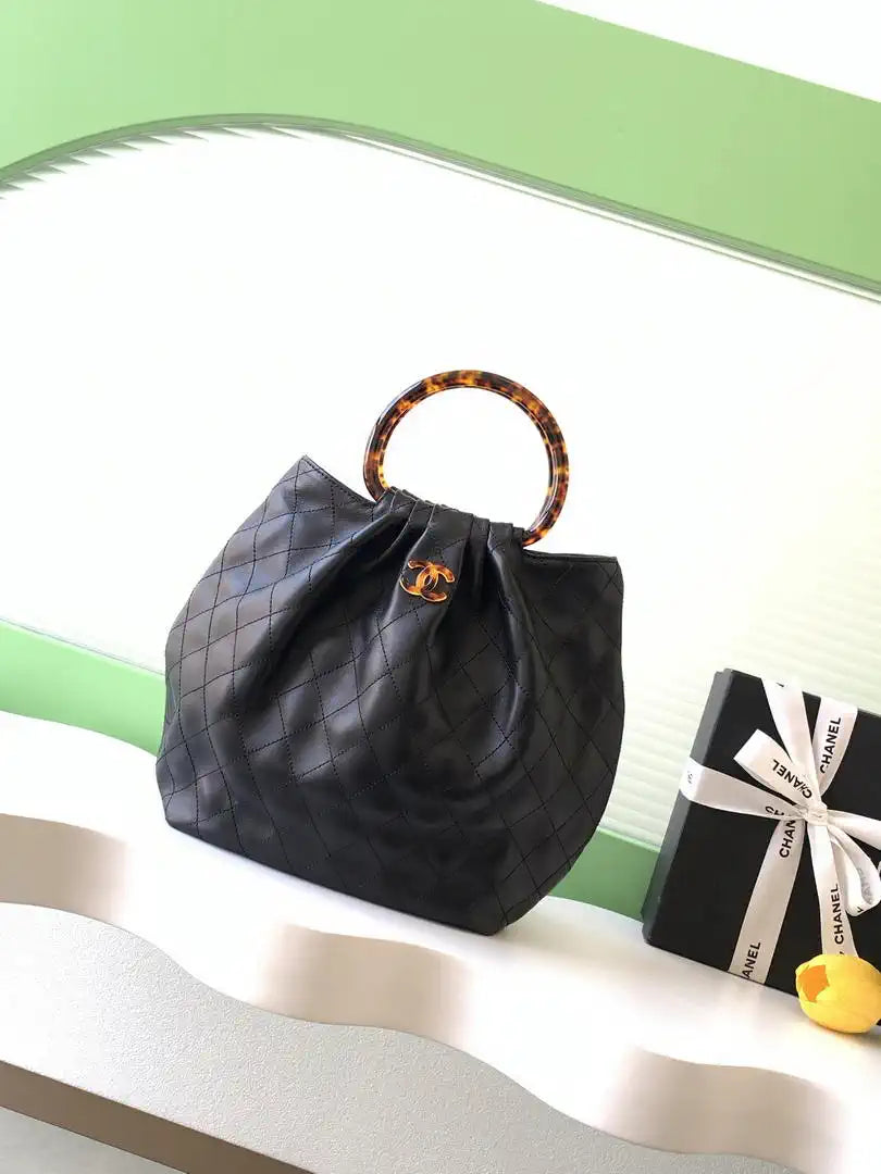 Chanel 26C AS6010 Hobo Lambskin Turtoise-Shell Effect Plexi & Gold-Tone Metal Black