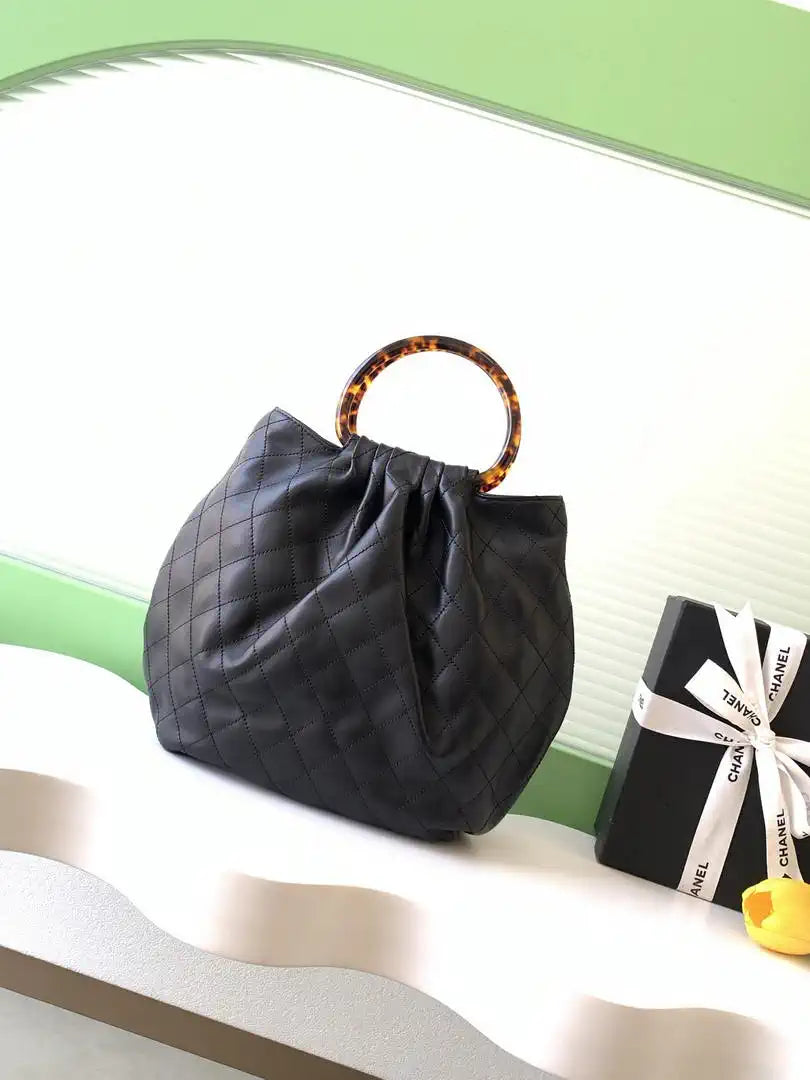 Chanel 26C AS6010 Hobo Lambskin Turtoise-Shell Effect Plexi & Gold-Tone Metal Black