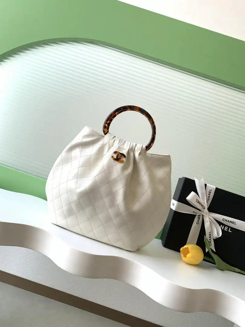 Chanel 26C AS6010 Hobo Lambskin Turtoise-Shell Effect Plexi & Gold-Tone Metal White