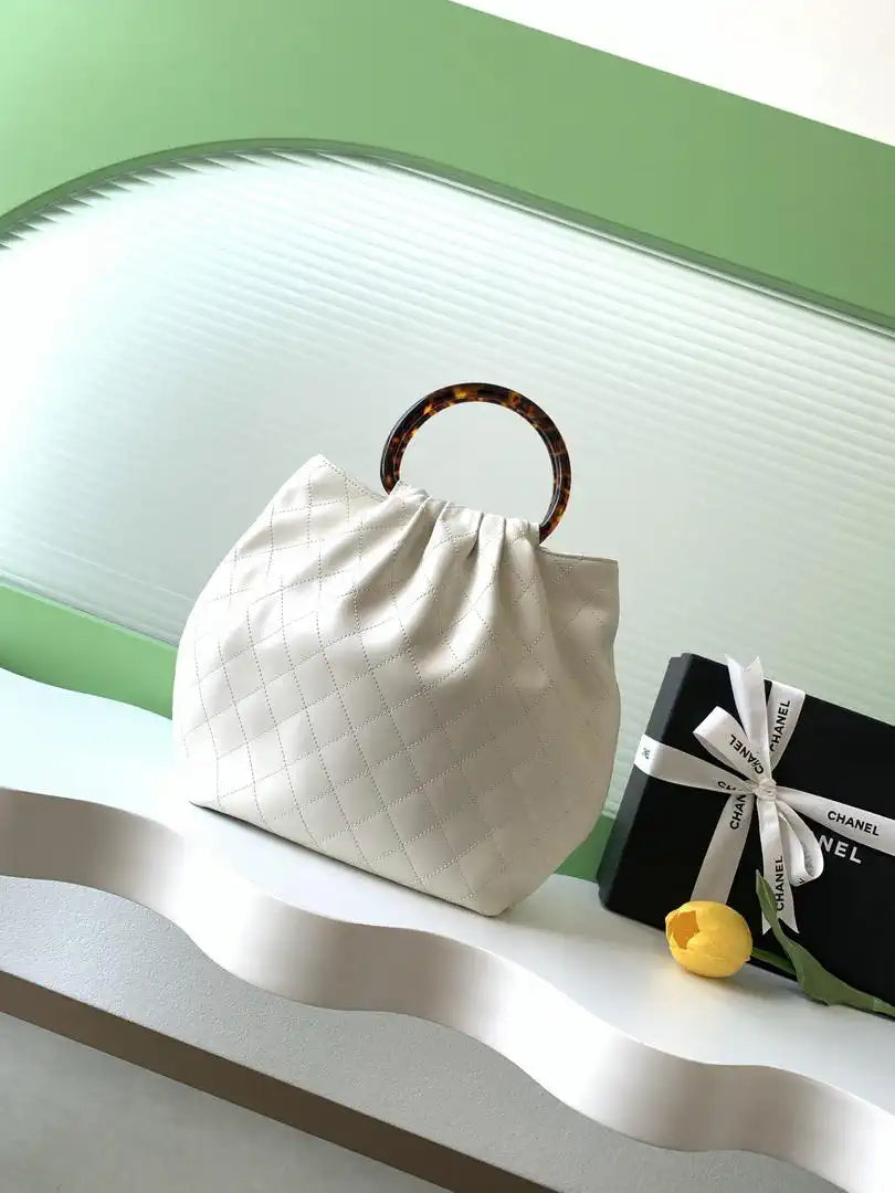 Chanel 26C AS6010 Hobo Lambskin Turtoise-Shell Effect Plexi & Gold-Tone Metal White
