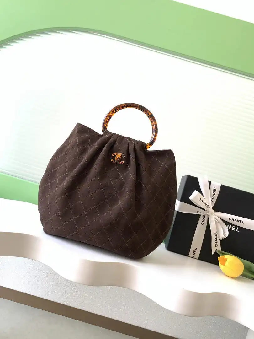 Chanel 26C AS6010 Hobo Suede Calfskin Turtoise-Shell Effect Plexi & Gold-Tone Metal Brown