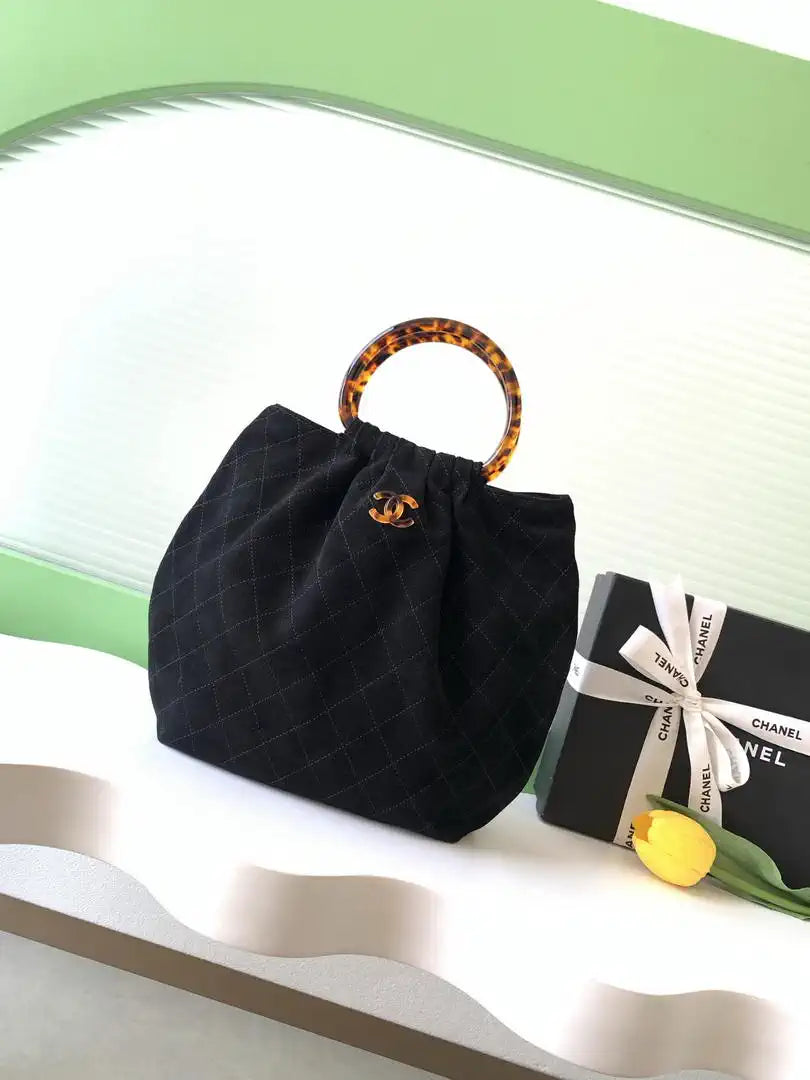 Chanel 26C AS6010 Hobo Suede Calfskin Turtoise-Shell Effect Plexi & Gold-Tone Metal Black