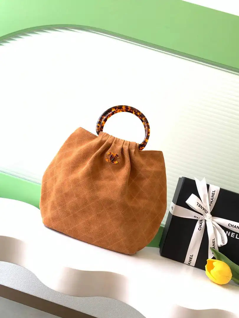 Chanel 26C AS6010 Hobo Suede Calfskin Turtoise-Shell Effect Plexi & Gold-Tone Metal Tan