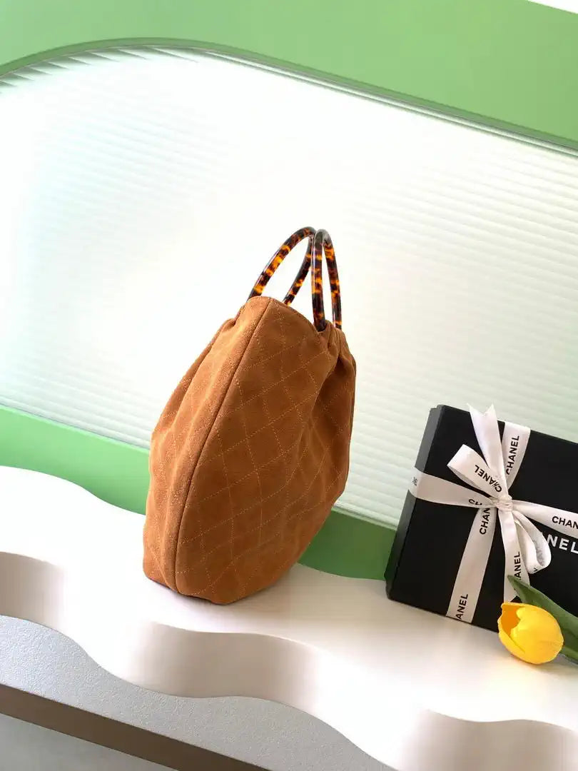 Chanel 26C AS6010 Hobo Suede Calfskin Turtoise-Shell Effect Plexi & Gold-Tone Metal Tan