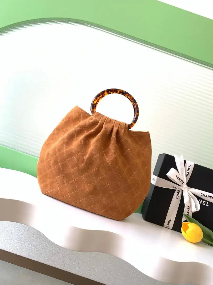 Chanel 26C AS6010 Hobo Suede Calfskin Turtoise-Shell Effect Plexi & Gold-Tone Metal Tan