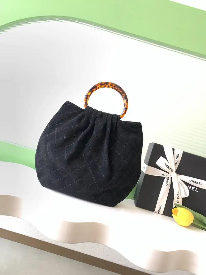 Chanel 26C AS6010 Hobo Suede Calfskin Turtoise-Shell Effect Plexi & Gold-Tone Metal Black