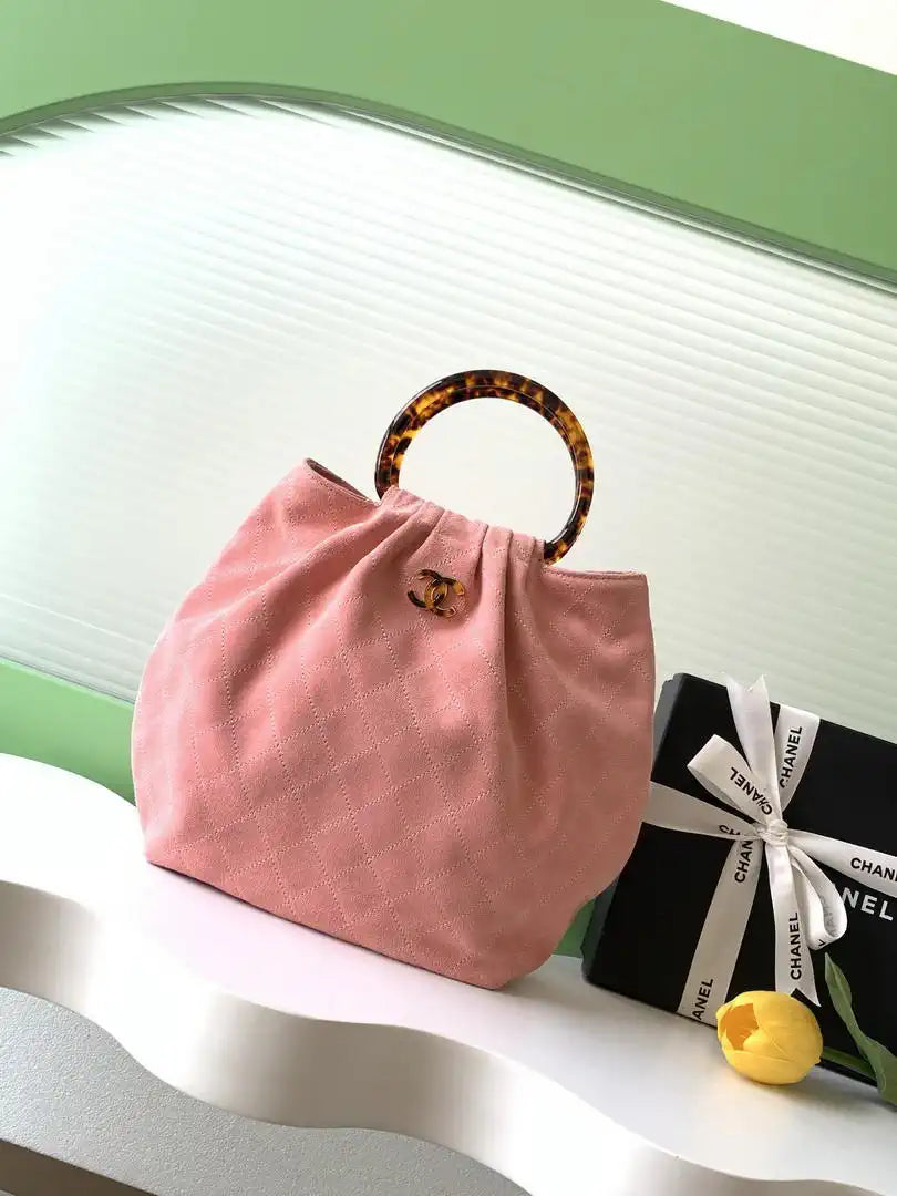 Chanel 26C AS6010 Hobo Suede Calfskin Turtoise-Shell Effect Plexi & Gold-Tone Metal Pink