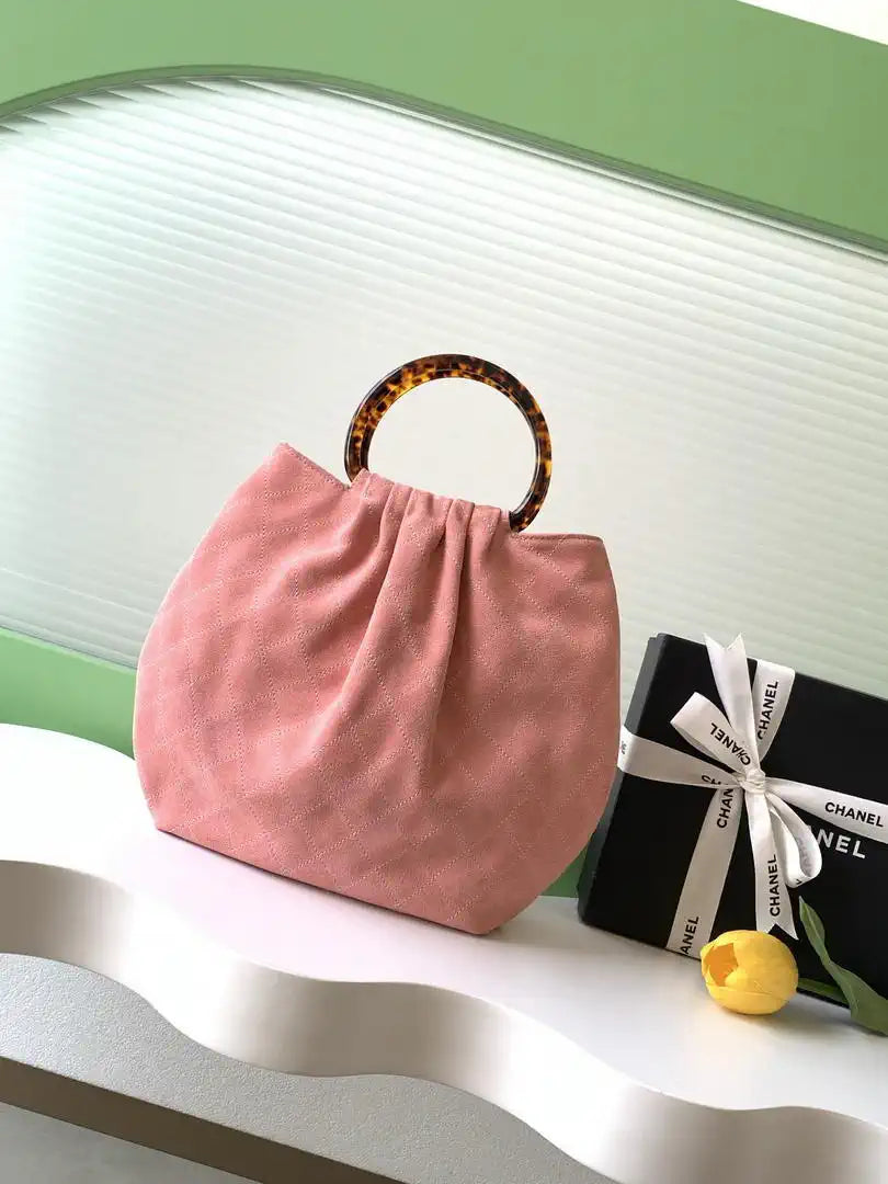 Chanel 26C AS6010 Hobo Suede Calfskin Turtoise-Shell Effect Plexi & Gold-Tone Metal Pink