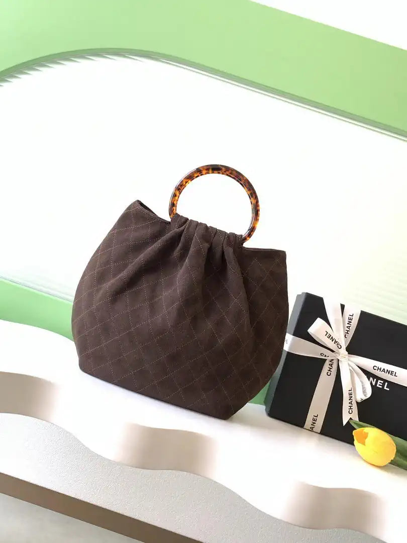 Chanel 26C AS6010 Hobo Suede Calfskin Turtoise-Shell Effect Plexi & Gold-Tone Metal Brown